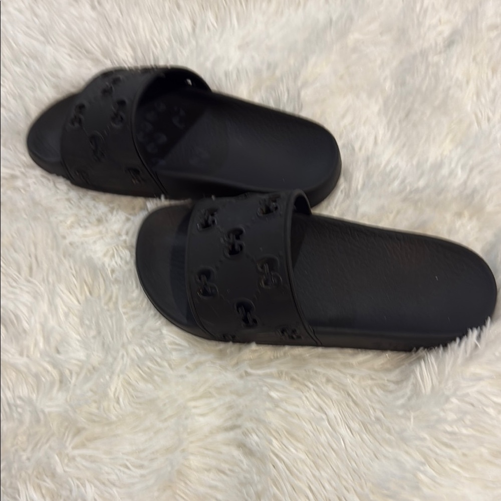 Black Slide Sandals with Logo Detail - Picture 3 of 6